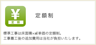 定額制  標準工事は床面積×㎡単価の定額制。 工事着工後の追加費用は当社が負担いたします。