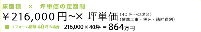 床面積×坪単価の定額制　￥210,000円×坪単価（40坪～の場合）（標準工事・税込・諸経費別）